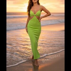 $398 Mac Duggal Size 6‎ Bright Lime Neon Green Cutout Twist Open Back Maxi Dress